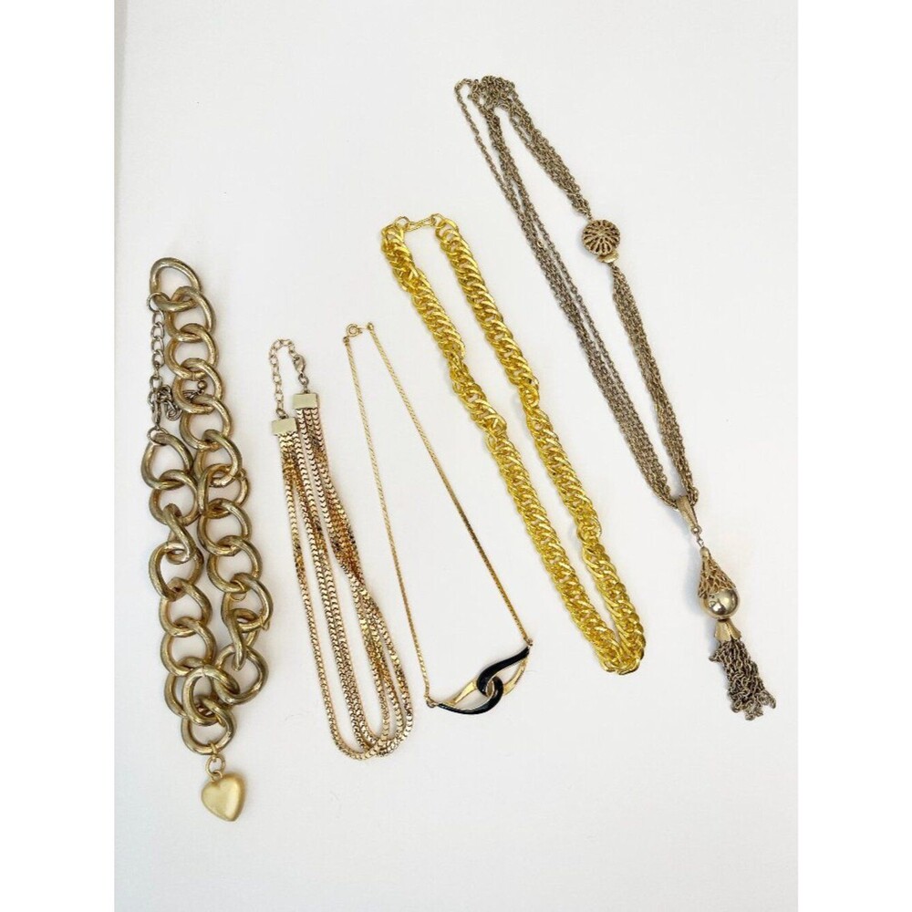 Gold Tone Necklace Lot Chunky Chain Tassel Pendant Layered Statement Jewelry 5